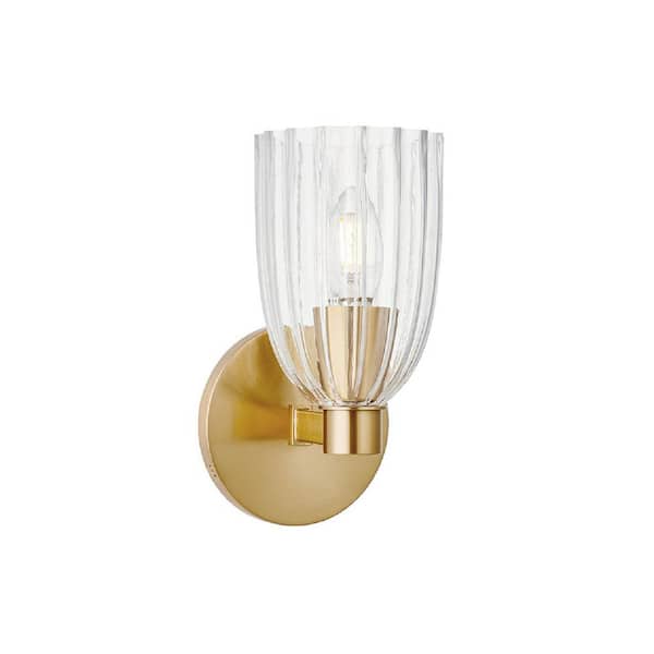 TUXEDO PARK LIGHTING 5 in. W x 9.38 in. H 1-Light Natural Brass Transitional Wall Sconce with Clear Pleated Glass Shade