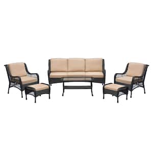 6 Pcs Wicker Patio Furniture Set Outdoor Conversation Set w/3 Seater Sofa, 2-Chairs, 2-Ottomans, 1-Coffee Table, Khaki