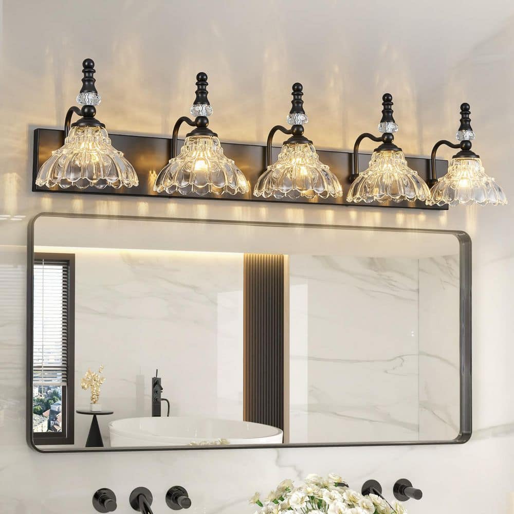Home Lighting 38.58 in. 5-Light Black Vintage Bathroom Vanity Light with Flower Glass Shade Over Mirror for Bathroom price history on PriceWatchPro
