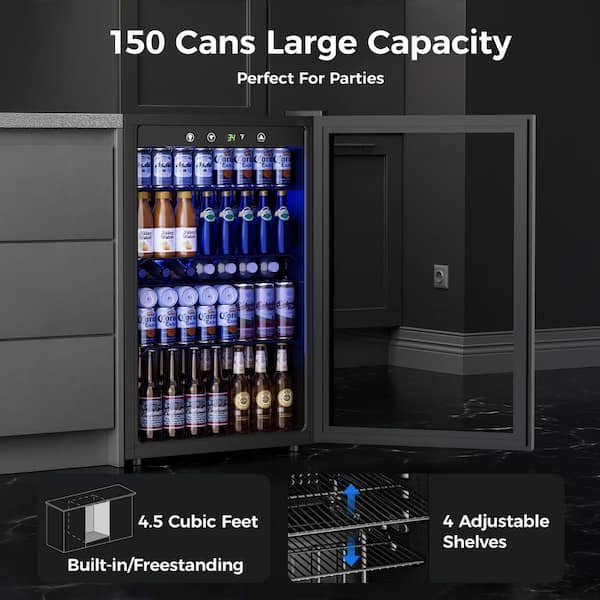 20.3 in Single Zone 145-Cans Freestanding Beverage and Wine Cooler in Black, Glass Door, Adjustable Shelves