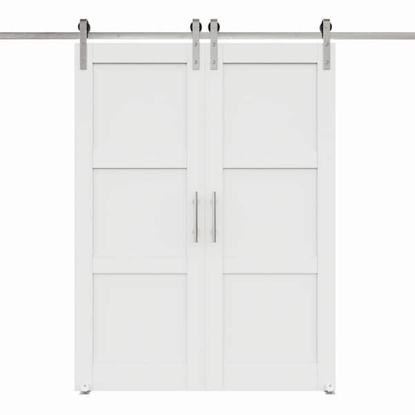 64 in. x 96 in. White Primed 3 Lite Pattern Paneled MDF Sliding Barn Door with Hardware Kit Nickel Plated