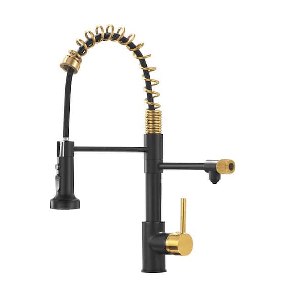 Single Handle Pull Down Sprayer Kitchen Faucet in Black+Gold