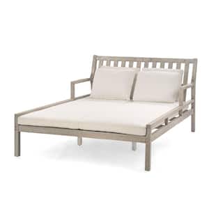 Wood Outdoor Day Bed with Curved Armrests, Beige Cushions DB