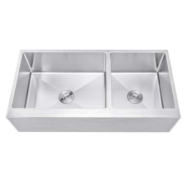 eModernDecor 42 in. x 21 in. x 10 in. 16-Gauge Stainless Steel Farmhouse Apron 60/40 Offset Flat Front Double Bowl Kitchen Sink
