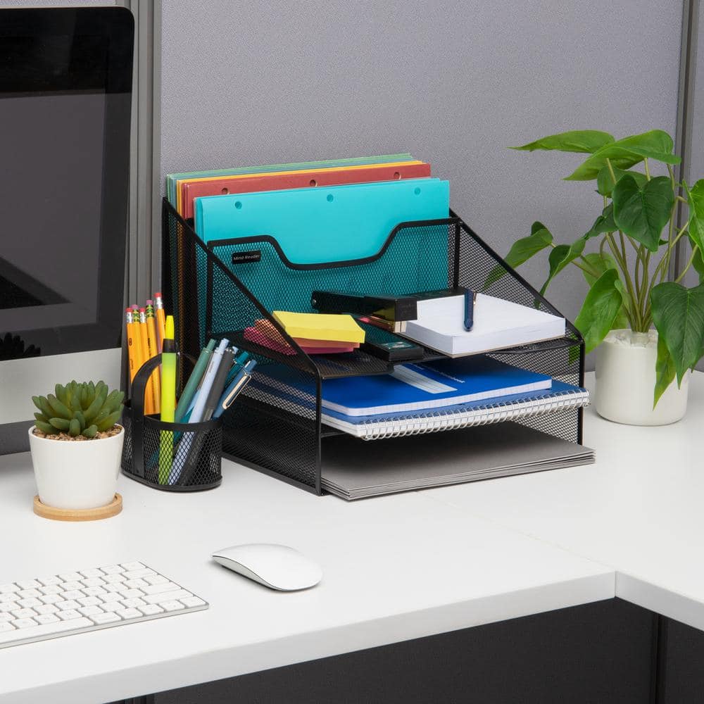 Black Metal Mesh 5-Compartment Desktop Organizer