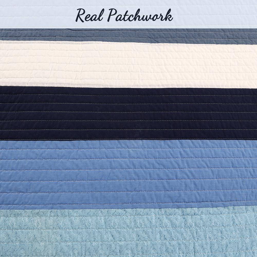 Navy Blue and White Striped Cotton Twin Quilt Set
