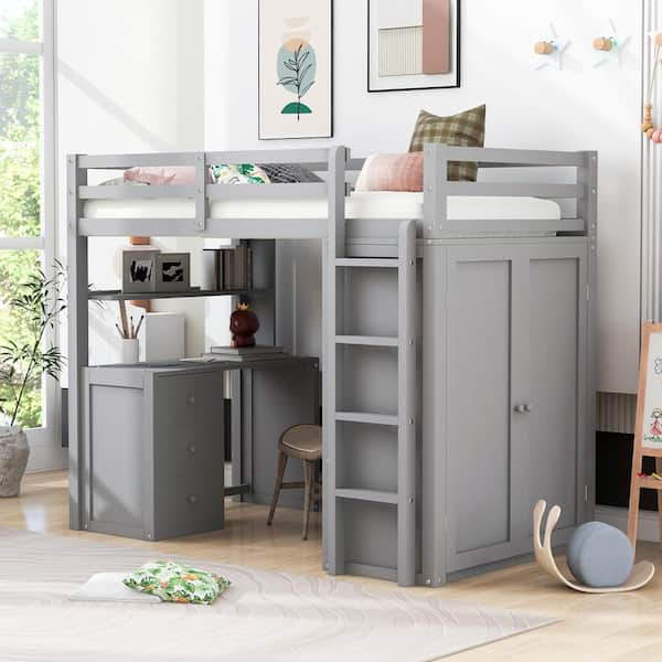 Gray Twin Size Loft Bed with Desk, Drawers, and Wardrobe