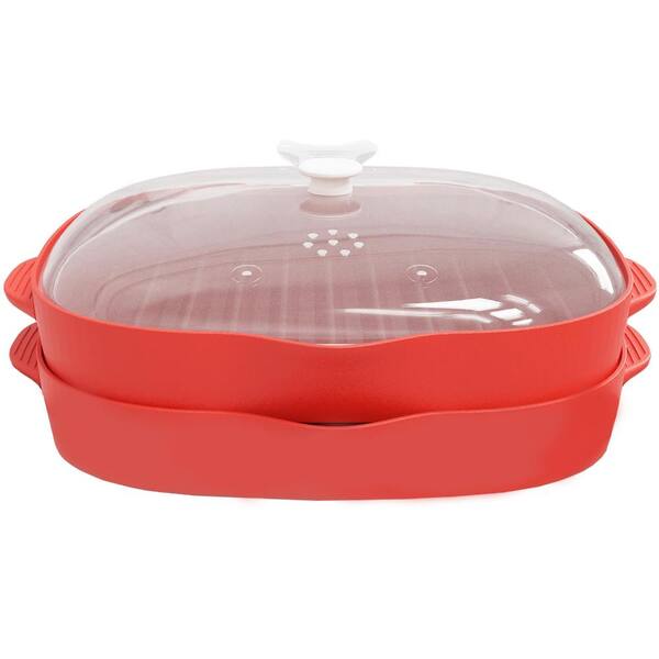 Microwave Bacon Maker Grill Tray with Splatter Lid, 2-Piece Set for Crispy Bacon in Minutes, 8 x 5 x 3 in, Red