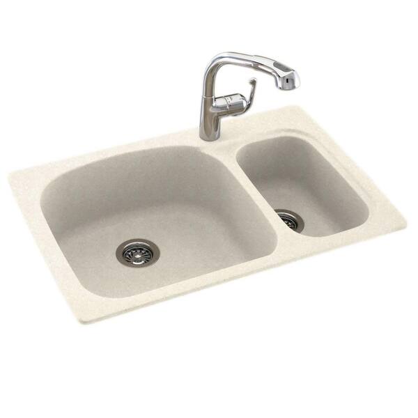 Swan Drop-In/Undermount Solid Surface 33 in. 1-Hole Double Bowl Kitchen Sink with Faucet in Pebble