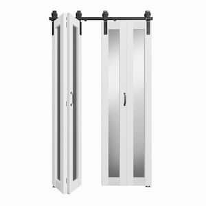 48 in. x 84 in . (24''X 2) 1-Lite Mirrored Glass Bi-Fold White MDF Solid Core Sliding Barn Door with Hardware Kits .