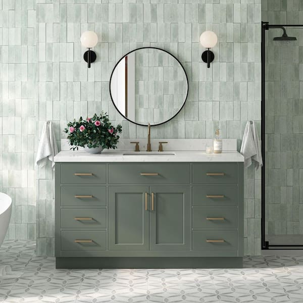 Hepburn 60 in. Single Sink Freestanding Bathroom Vanity in Vintage Sage Green with Carrara White Quartz Top
