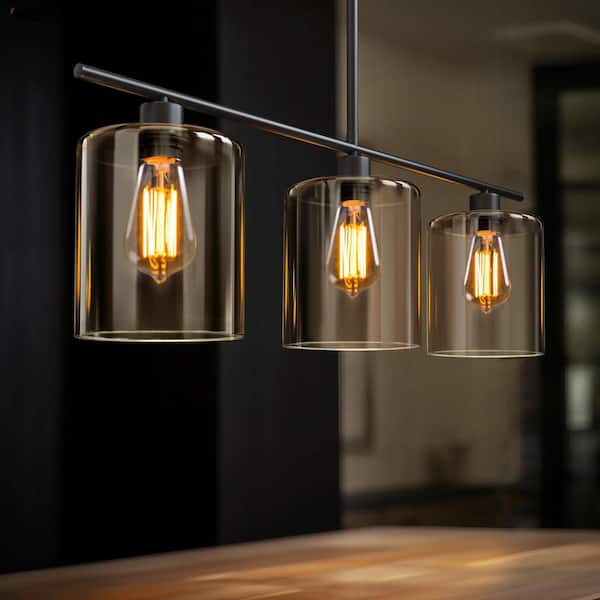 3-Light Matte Black Island Pendant with Clear Glass Shades
