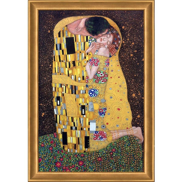 LA PASTICHE The Kiss (Full View) By Gustav Klimt Muted Gold Glow Framed People Oil Painting Art Print 28 in. x 40 in.