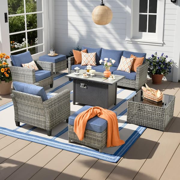 Scarlet 7-Piece Wicker Outdoor Fire Pit Patio Conversation Sofa Set with a Solar Lighted Table and Denim Blue Cushions