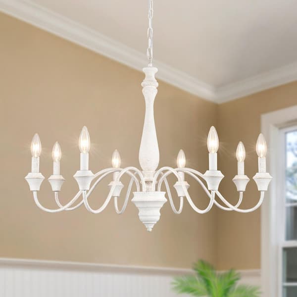 Aura 31.5 in. 8-Light Distressed White Linear Farmhouse Chandelier for Dining Room Foyer