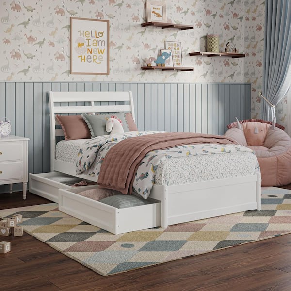 AFI Emelie White Solid Wood Frame Twin Platform Bed with Panel Footboard and Storage Drawers
