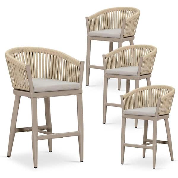 PURPLE LEAF Modern Aluminum PE Rattan Counter Height Outdoor Bar Stool with Back and Beige Cushion (4-Pack)