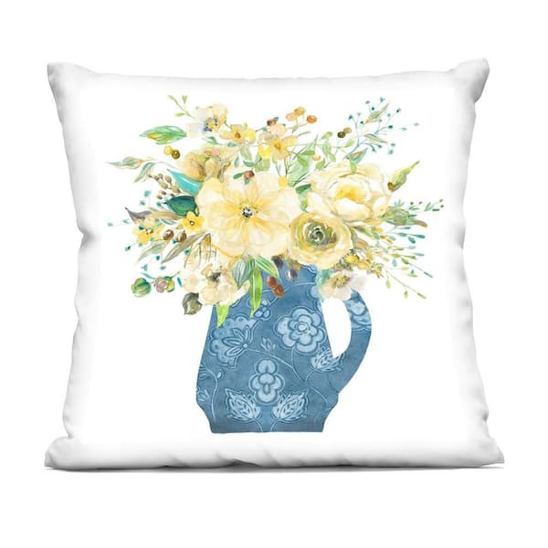 Stupell Industries Yellow and Blue Flower Vase Blue Floral Polyester 18 in. x 18 in. Throw Pillow