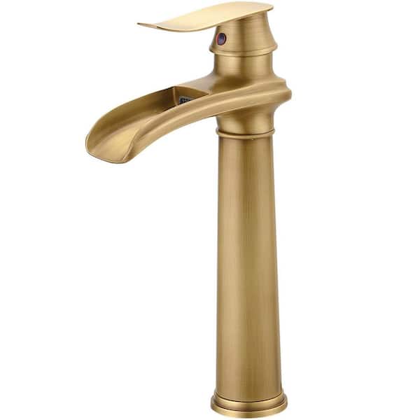 Single Handle Waterfall Vessel Sink Faucet with Drain Kit Included in Antique Brass