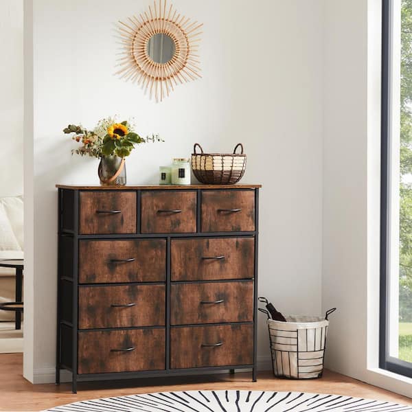 Bestier Brown 9 Drawer 39.37 in.W Fabric Storage Tower Dresser Wooden Top Without mirror for Kid Room, Closet, Entryway, Nursery