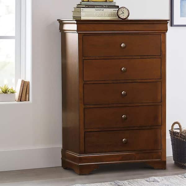 Transitional Style 5-Drawer Cherry Brown Wooden Chest of Drawer (31.75 in. x 17.5 in. x 47.25 in.)