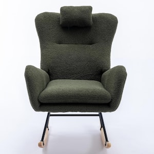 Green 35.5 inch Teddy Fabric Rocking Chair with Pocket and Solid Wood Base