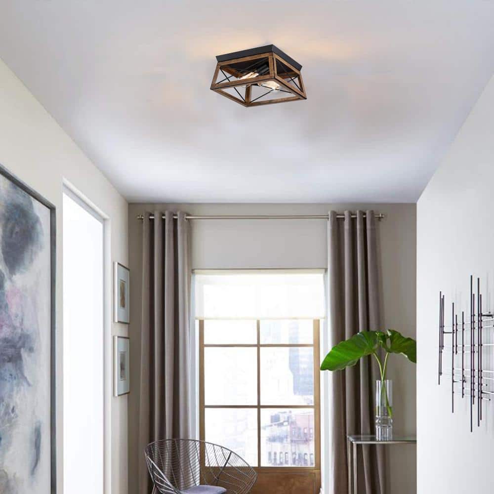 Matte Black and Barnwood 2-Light Farmhouse Flush Mount