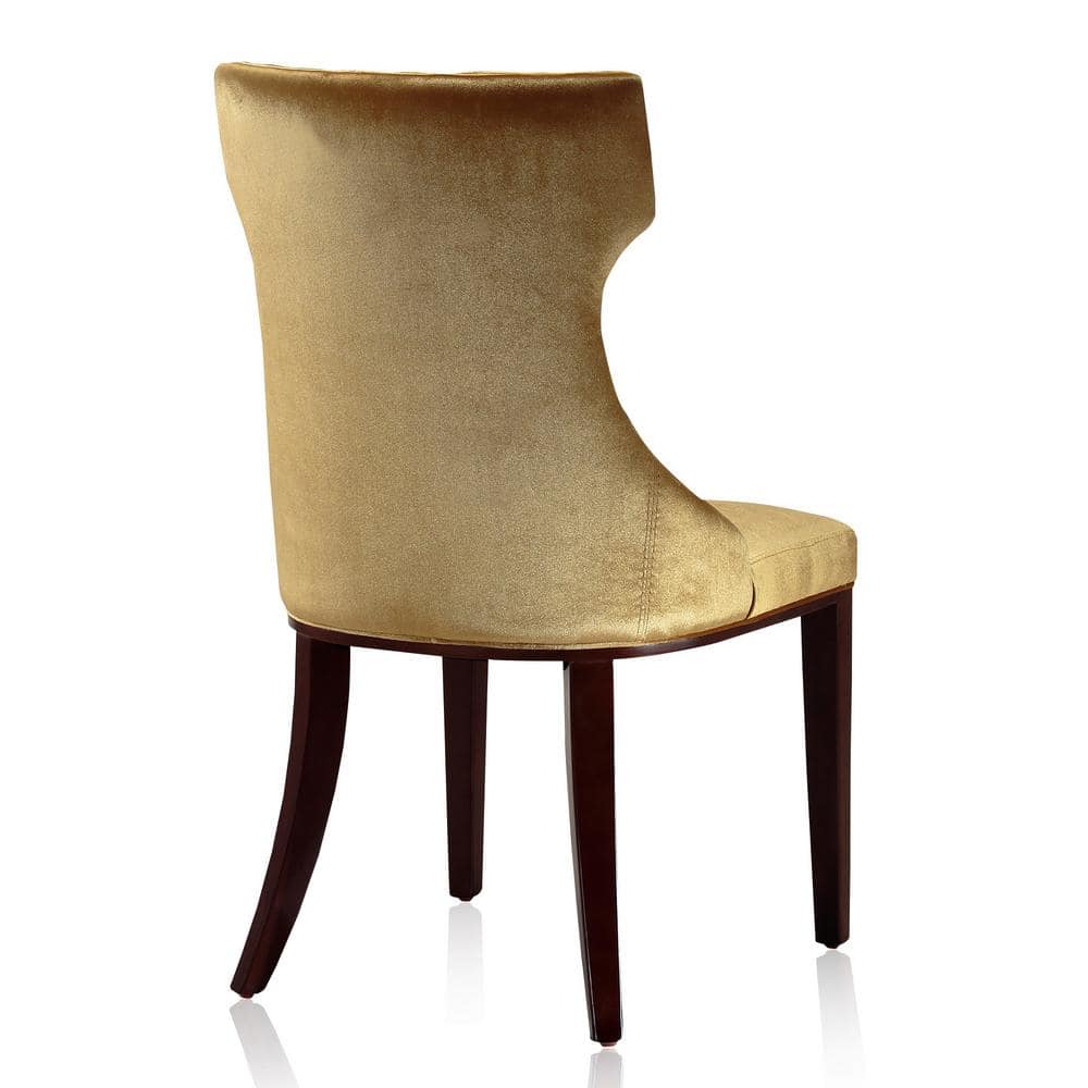 Antique Gold and Walnut Velvet Wingback Dining Chair Pair