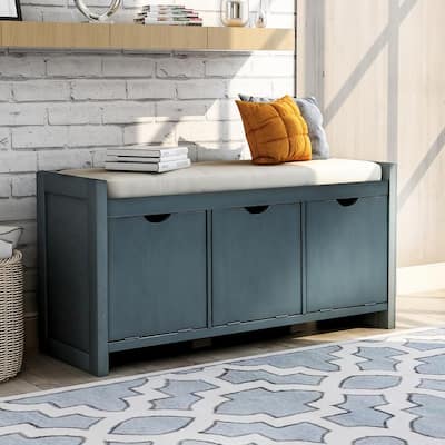 Entryway Blue Storage Bench with Removale Cushion and 3-Flip Lock Storage Cubbies 19.8 in. H x 39 in. W x 14 in. D