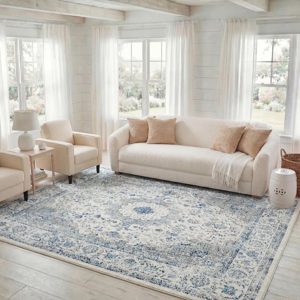 Evoke 7 ft. x 9 ft. Grey/Ivory Distressed Border Medallion Area Rug