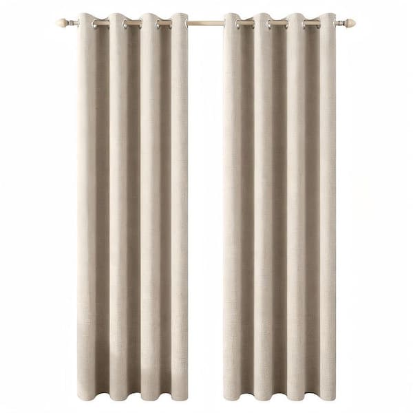 Solid Beige Linen-Textured Polyester - 52 in. W x 84 in. L Blackout Curtains, Lined, Rod-Pocket Style (Set of 2)