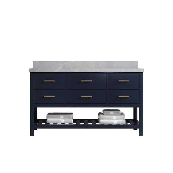 Willow Collections Parker 60 in. Single Sink Freestanding Navy Blue Bath Vanity with Pearl Gray Quatrz Top Unassembled