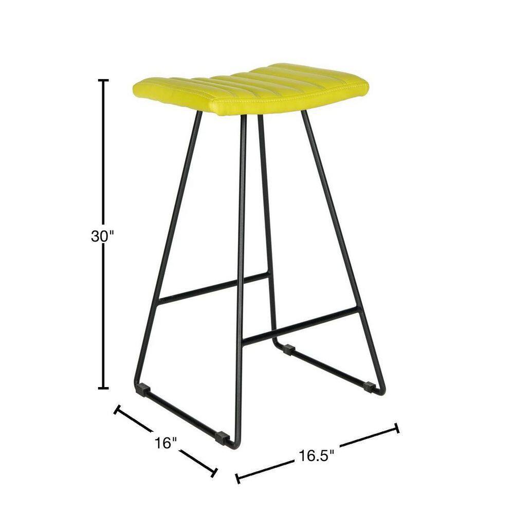 Citron Green Leather and Iron Backless Bar Stools, Set of 2