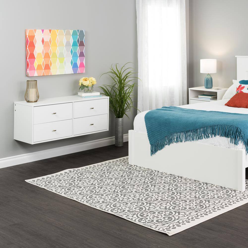 White Wall-Mounted Dresser and Nightstand Set with Brass Knobs
