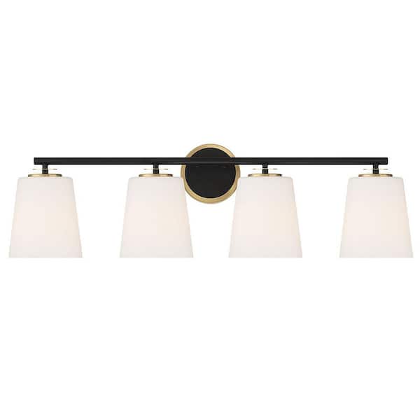TUXEDO PARK LIGHTING 33 in. 4-Light Matte Black and Natural Brass Vanity Light with White Opal Glass Shades