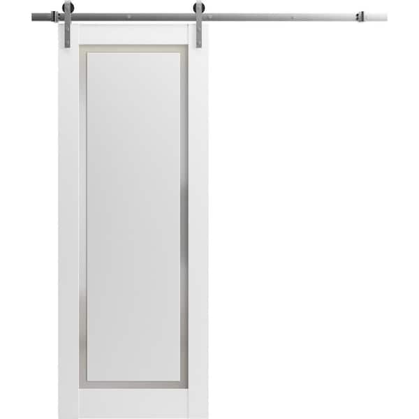 42 in. x 80 in. 1 Panel Frosted Glass Painted White Solid Wood Sliding Barn Door with Hardware Kit