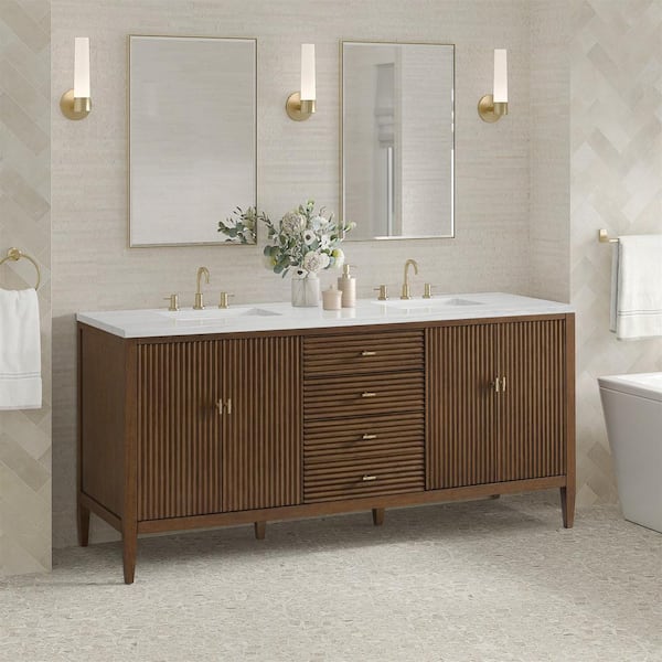 James Martin Vanities Myrrin 72.0 in. W x 23.5 in. D x 34.06 in. H Double Bath Vanity in Mid-Century Walnut and Arctic Fall Solid Surface Top