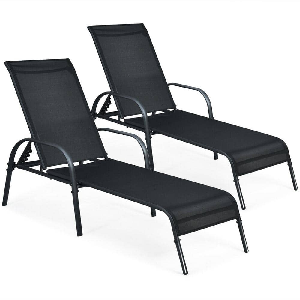 2-Piece Black Metal Outdoor Chaise Lounge with Adjustable Backrest