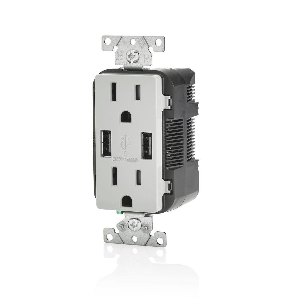 Gray 15A Tamper-Resistant Outlet with Dual USB Ports