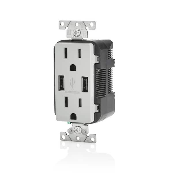 Leviton Decora 15 Amp Tamper Resistant Duplex Outlet and 3.6 Amp USB Outlet, Gray