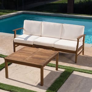 Perla Teak Brown 4-Piece Wood Patio Conversation Seating Set with Cream Cushions