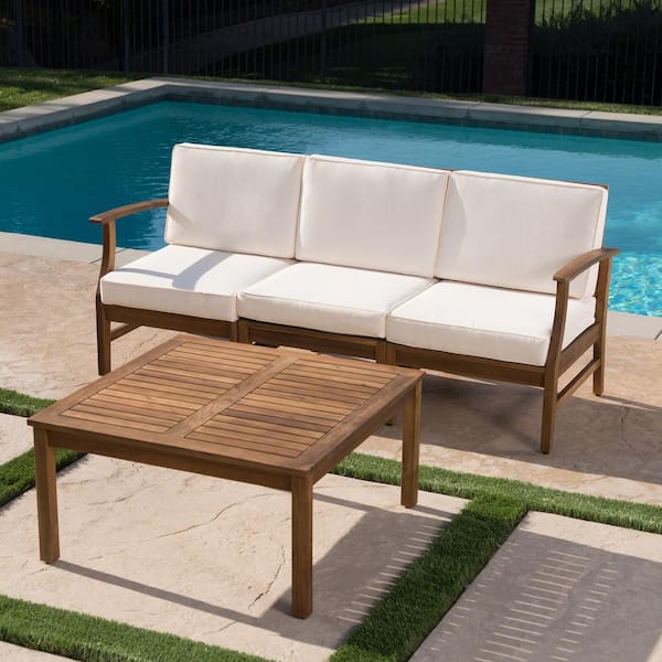 Noble House Perla Teak Brown 4-Piece Wood Patio Conversation Seating Set with Cream Cushions