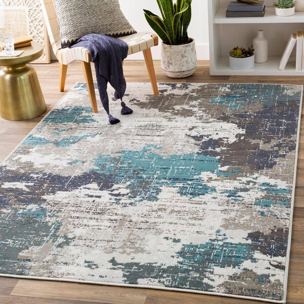 Teal and Gray Abstract Synthetic Area Rug, 5'3" x 7'3"
