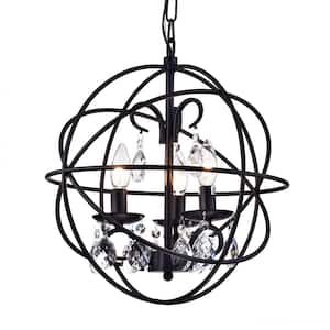 15 in. 3-Light Lijane Matte Black Globe Pendant Ceiling Light