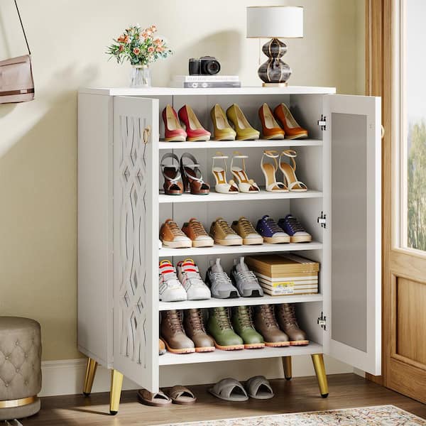 Cezalinda 39 in. H x 29 in. W Mirrored 5-Tier White Wood Modern Shoe Storage Cabinet with Doors for Entryway, Bedroom