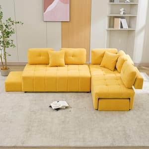 92 in. L-Shaped Armless Chenille Rectangle Sectional Sofa Couch with 2 Stools and Lumbar Pillows for Living Room, Yellow