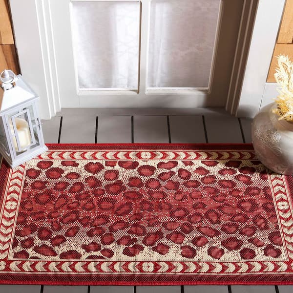 Courtyard Red/Beige 2 ft. x 4 ft. Border Cheetah Indoor/Outdoor Area Rug