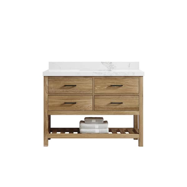 Parker Teak 48 in. W x 22 in. D x 36 in. H Single Sink Bath Vanity in Premium Polish with Calacatta Nuvo Qt. Top