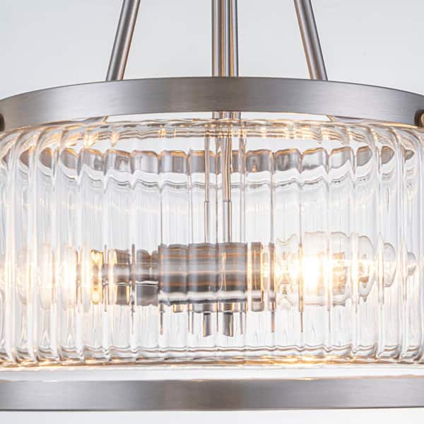 11.8 in. 3-Light Drum Brushed Nickel Semi-Flush Mount with Ribbed Glass Shade For Bedroom Foyer Kitchen