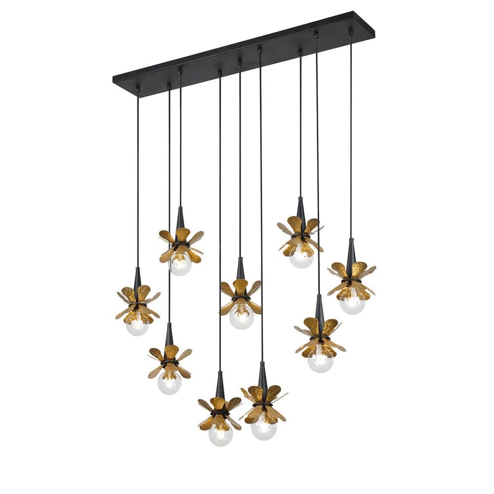 Portinatx Satin Black and Hammered Gold 9-Light Linear Chandelier